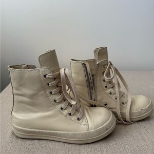 Rick Owens Cream Lace-Up High-Top Boots